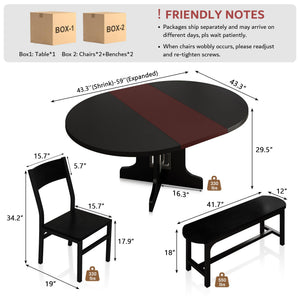 5-Piece Extendable Round Dining Table Set with Chairs and Benches