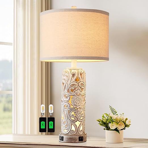 Coastal Vintage Table Lamp Set of 2 with USB Ports & Nightlight