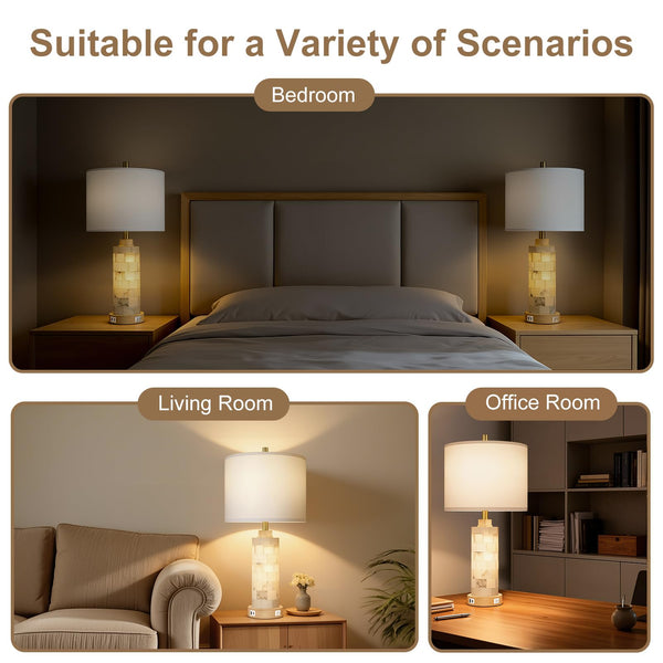Alabaster & Wood Table Lamp Set of 2 with USB Ports & Night Light