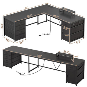 L-Shaped Desk with Drawers, Power Outlet & Monitor Shelf