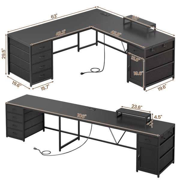 L-Shaped Desk with Drawers, Power Outlet & Monitor Shelf