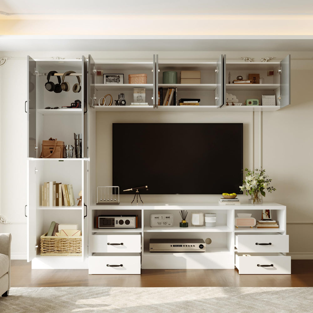 86" Wall Unit Entertainment Center with Bookshelves – White & Grey