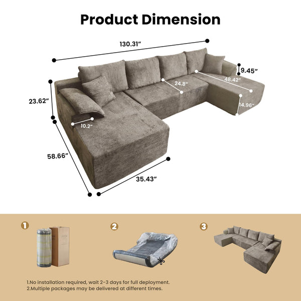 U-Shaped Sectional Sofa with 2 Chaise Lounges, Chenille Cloud Couch, No Assembly