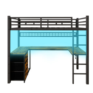 Twin Loft Bed with U-Shaped Desk, LED, Storage Drawers & Power Outlet