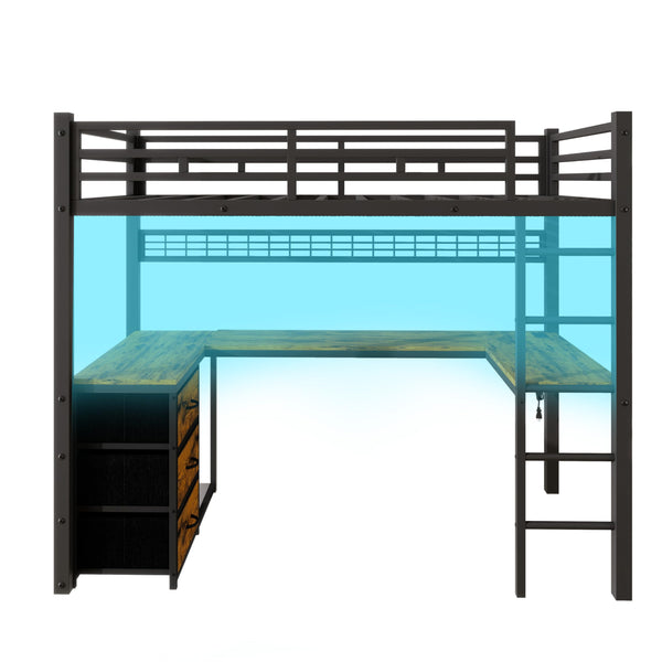 Twin Loft Bed with U-Shaped Desk, LED, Storage Drawers & Power Outlet