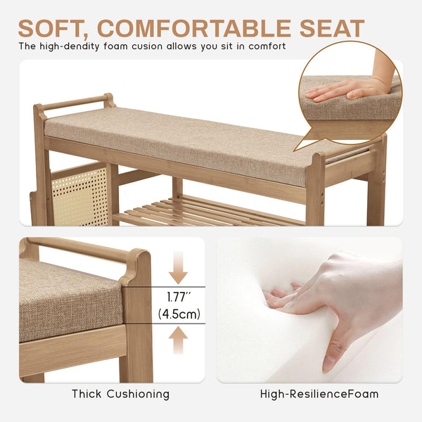 Bamboo Entryway Shoe Bench with Cushion and Side Holder