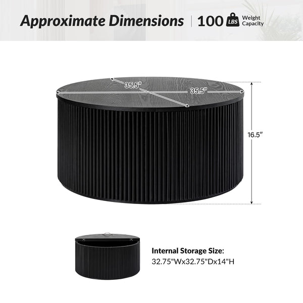 Fluted Round Coffee Table with Lift-Top Storage