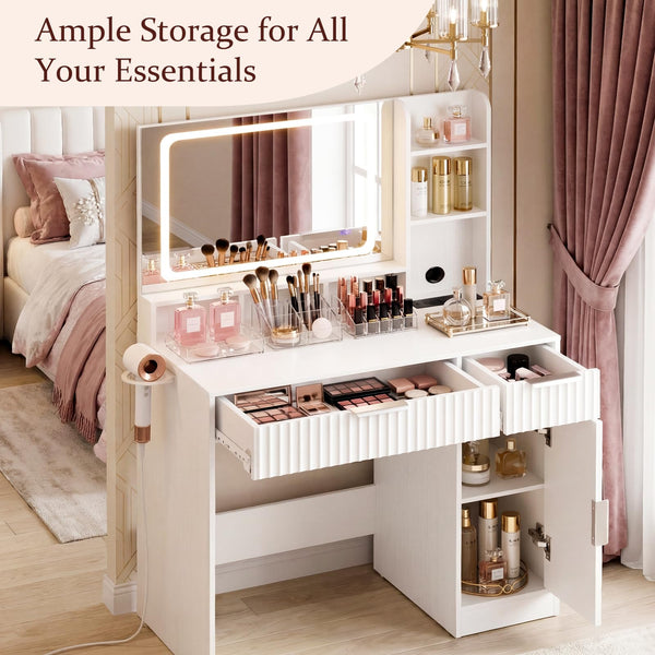 Fluted Makeup Vanity Desk with LED Mirror & Power Strip