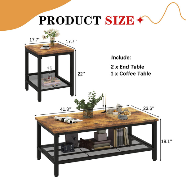 3-Piece Industrial Coffee Table Set with 2 End Tables