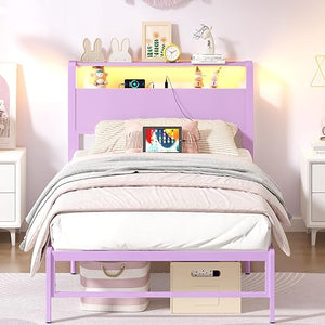 Twin Bed Frame with Storage Headboard, LED Light & Charging Station