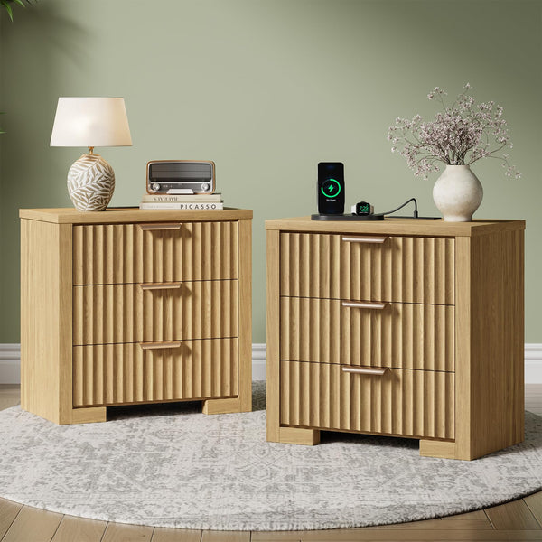 Fluted Nightstand with Charging Station & 3 Drawers – Natural Oak