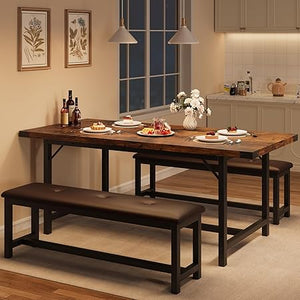 3-Piece Extendable Dining Table Set with 2 Upholstered Benches