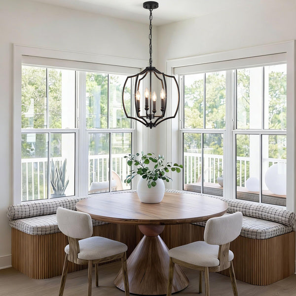 4-Light Black Farmhouse Lantern Chandelier with Geometric Cage