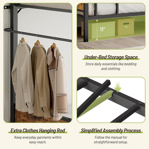 Twin Over Twin Metal Bunk Bed with Clothes Rail & Under-Bed Storage