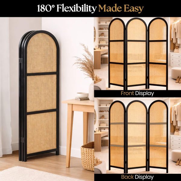 3-Panel Folding Room Divider | Wood & Rattan Privacy Screen