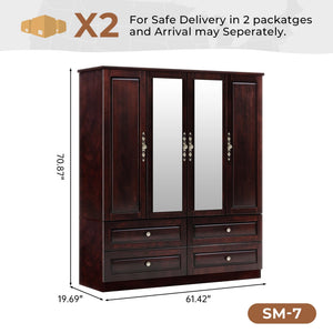 4-Door Solid Wood Armoire Wardrobe with Mirrors & Drawers