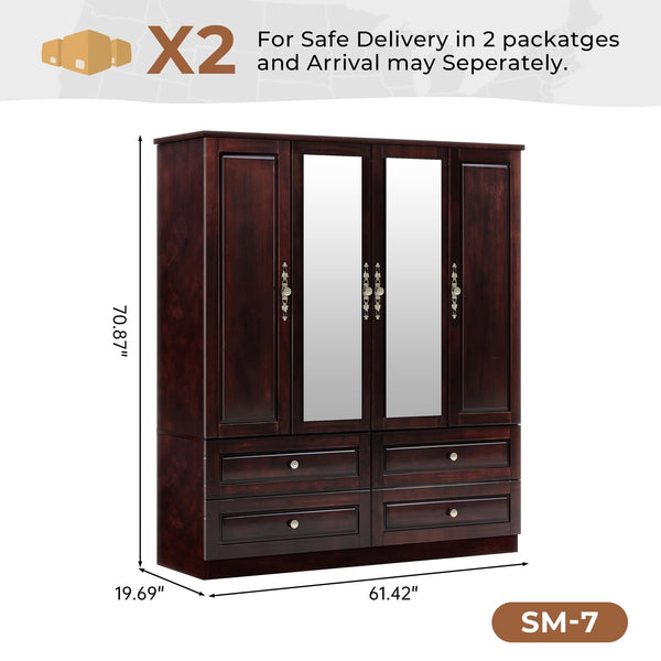 4-Door Solid Wood Armoire Wardrobe with Mirrors & Drawers