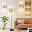 3-Light Dimmable Arc Floor Lamp with Rattan & Fabric Shades