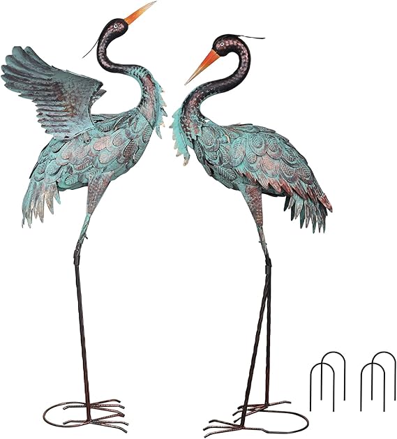 Metal Blue Heron Garden Statues Set of 2 – Outdoor Yard Art Lawn Sculptures