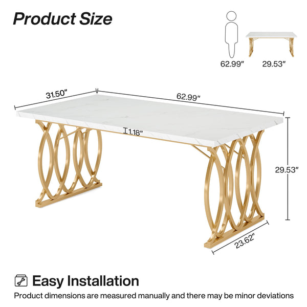 63" Rectangular Dining Table for 4–6 | Faux Marble Top & Gold Metal Legs