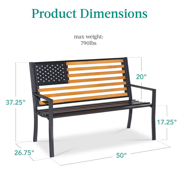 2-Person Steel Outdoor Bench with American Flag Backrest