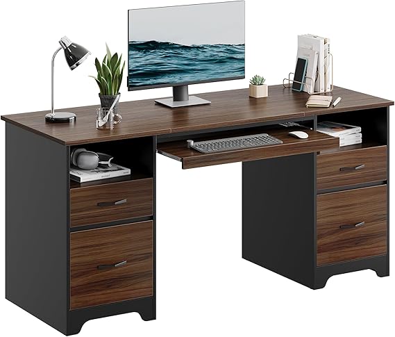 59-Inch Executive Office Desk with 4 Drawers, File Drawer, Keyboard Tray & Dual Pedestals