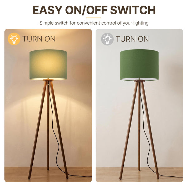 Rubberwood Tripod Floor Lamp — 60.6", 15.7" Linen Shade, Walnut Finish, E26