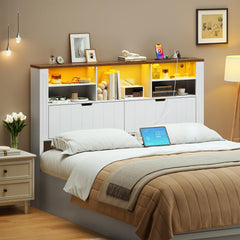 Queen Headboard with Storage, Charging Station & LED Lights