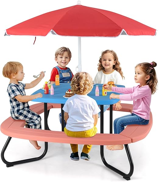 Kids Picnic Table with Umbrella – 8-Seat Outdoor HDPE Set