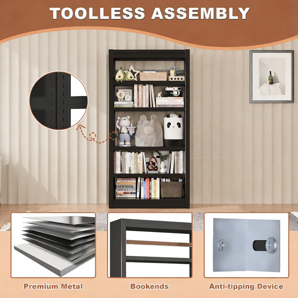 69" Tall Metal 5-Tier Bookcase with Adjustable Shelves