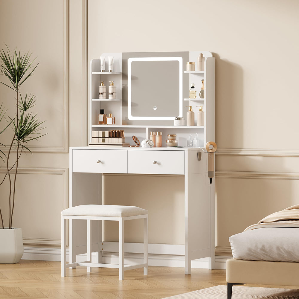 Lighted Vanity with Mirror, Stool & Storage