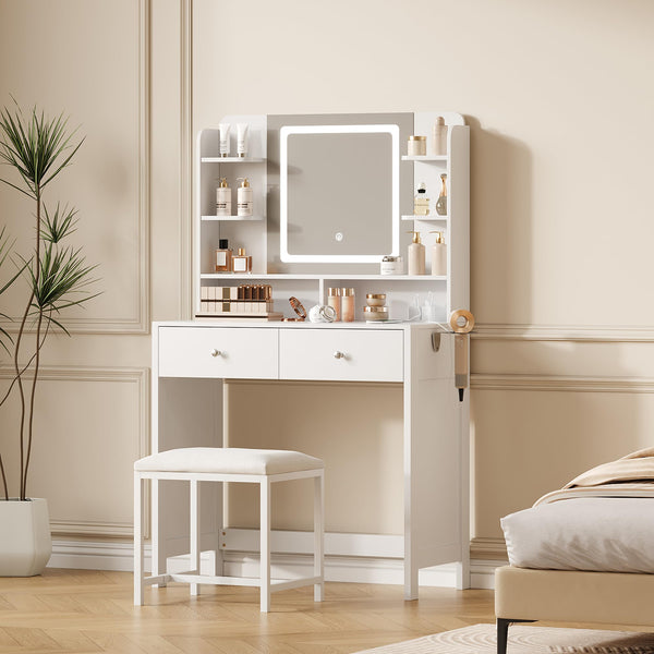 Lighted Vanity with Mirror, Stool & Storage