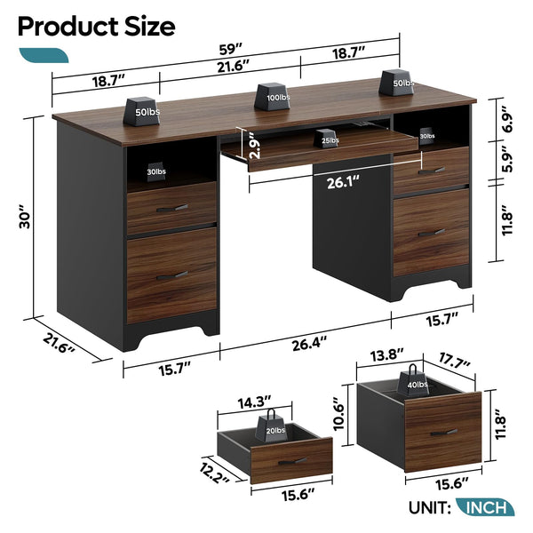 59" Computer Desk with Drawers, File Cabinet & Keyboard Tray