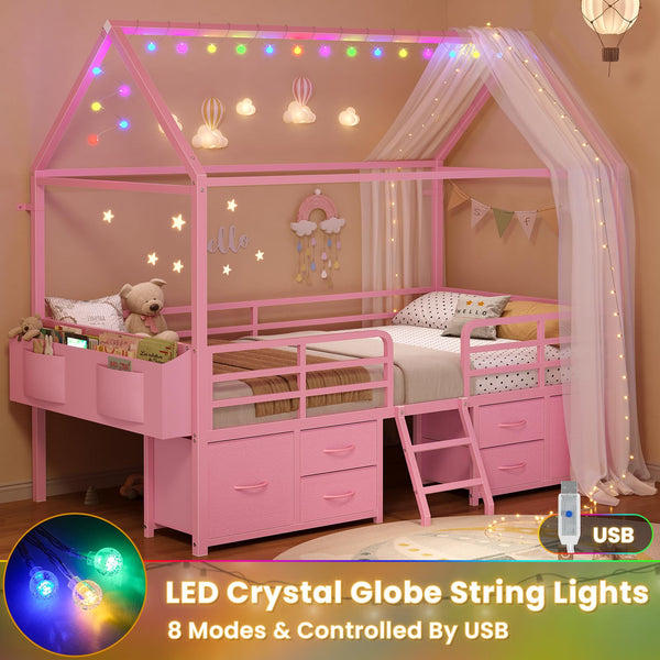 Twin House Bed Frame with Storage Drawers & LED String Lights