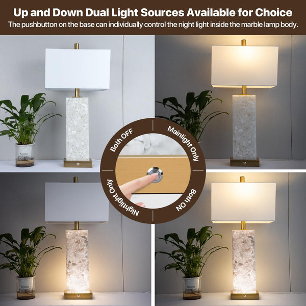 Marble Nightstand Lamps Set of 2 with USB Ports & 3-Color Temperature LED