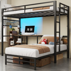 Twin Over Twin L-Shaped Bunk Bed with Desk, LED Lights & Stairs
