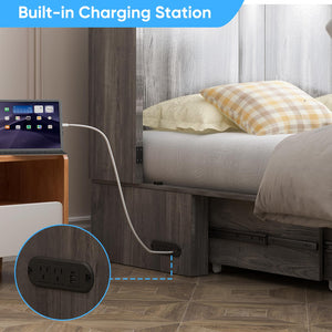 Queen Size Cabinet Murphy Bed with Tri-Fold Mattress & USB Charging