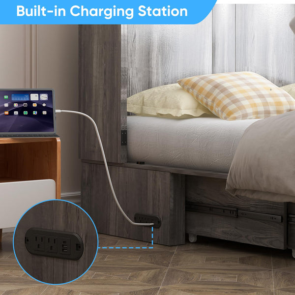 Queen Murphy Bed Cabinet with USB Charging & Storage