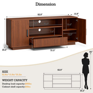 LCRBOL TV Stand for Living Room ＆ Bedroom, Mid Century Entertainment Center for Up to 70 Inch TV, Fluted TV Console with Storage Cabinets ＆ Drawer, Walnut