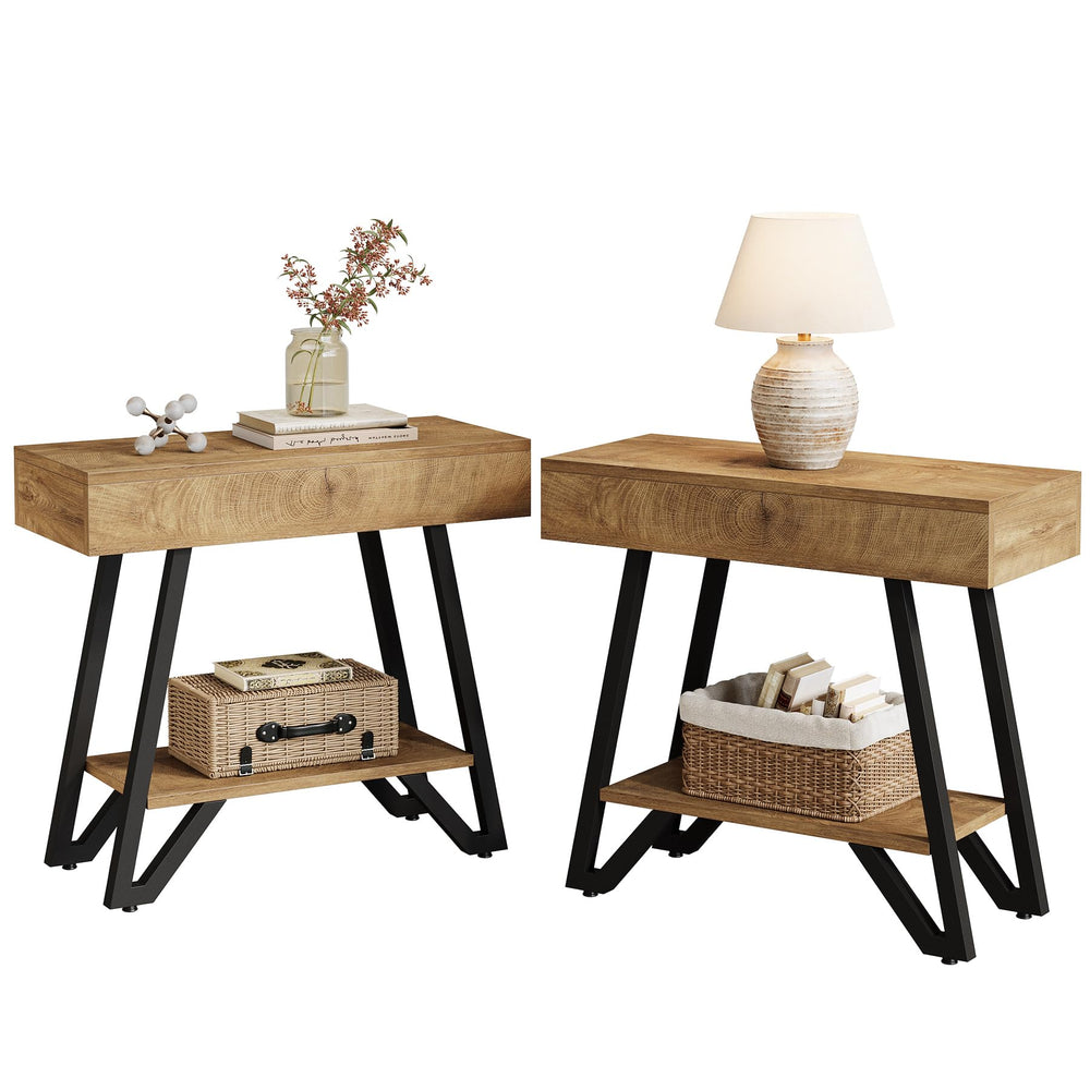 2-Tier Narrow Side Table with Storage Shelf – Set of 2