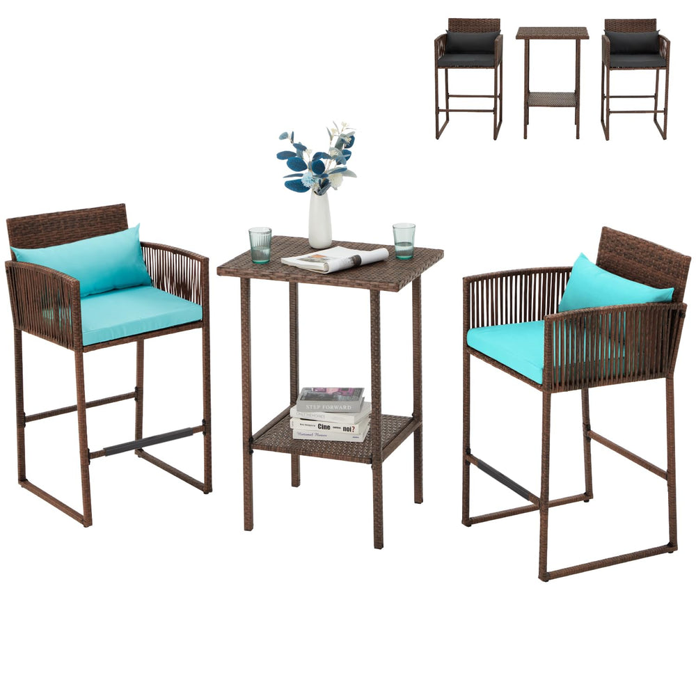 3-Piece Outdoor Wicker Bar Set with Counter Table & Barstools