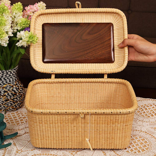 Rectangular Handwoven Rattan Storage Basket Set with Lid