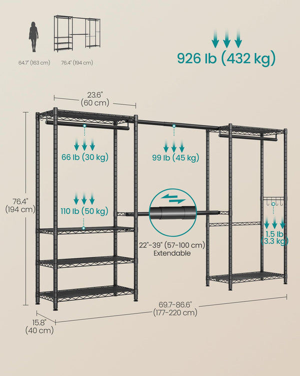 Heavy-Duty Extendable Clothes Rack with Shelves & Hooks