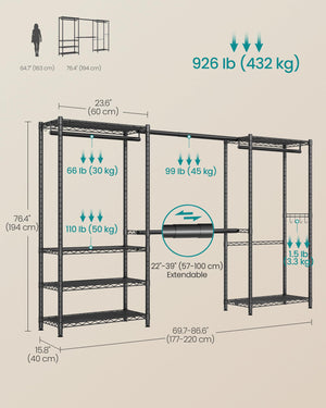 Extendable Garment Rack with Adjustable Shelves & Hanging Rails