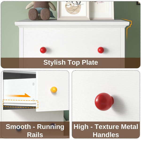6-Drawer Tall Skinny Dresser with Colorful Handles – White