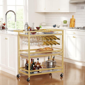 3-Tier Rolling Bar Cart with Wine Rack & Glass Holder