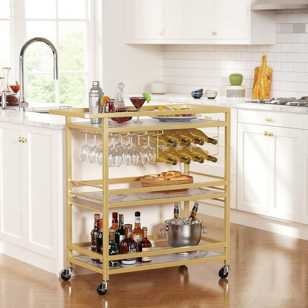 3-Tier Rolling Bar Cart with Wine Rack & Glass Holder