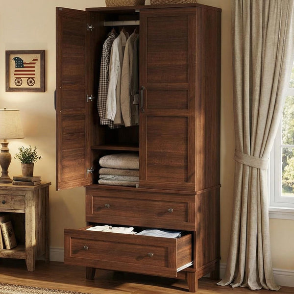 72" Armoire Wardrobe with Drawers & Adjustable Shelves – Walnut