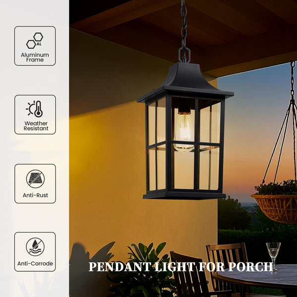 Large Outdoor Pendant Light Fixture – Black Modern Hanging Porch Lantern