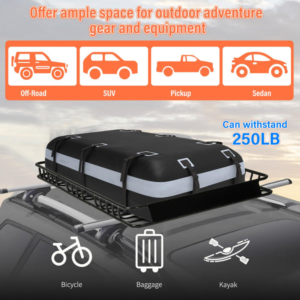 Rooftop Cargo Basket with Waterproof Bag – 250 lb Heavy-Duty Steel Roof Rack